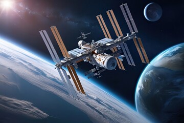 Wall Mural - 3D Illustration of Space Station in Earth Orbit - High Quality Rocket and Spaceship Render