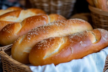 Poster - Close-up of freshly baked challah bread with sesame seeds in a wicker basket