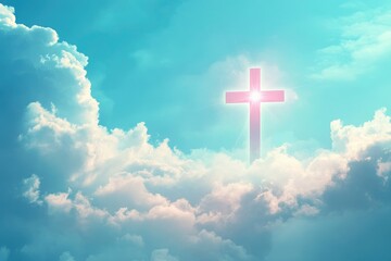 Christian cross appeared bright in the sky with soft fluffy clouds, white, beautiful colors. With the light shining as hope, love and freedom in the sky background , ai