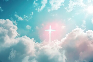 Christian cross appeared bright in the sky with soft fluffy clouds, white, beautiful colors. With the light shining as hope, love and freedom in the sky background , ai