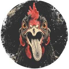 A close up of a rooster's face with its mouth open and tongue sticking out. The background is a dark, textured surface with white splatters of paint.