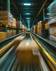 Wall Mural - Motion blurred conveyor belt with boxes in a warehouse