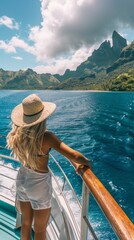 Wall Mural - A blonde woman in a white dress and hat stands on a boat, admiring a blue lagoon and mountains under a cloudy sky in a serene moment.