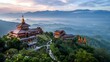 © kinara art design - A panoramic view of a traditional Asian temple nestled amongst lush green hills, with a distant mountain range in the background, at sunrise.