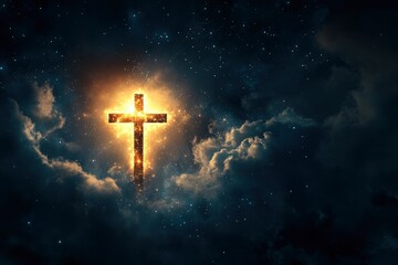 Concept of christian religion shining cross on the background of cloudy night sky. Dark sky with cross and cloud. Divine shining heaven, light. Religious background , ai