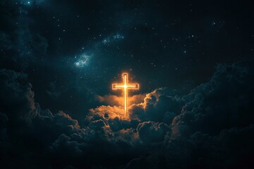 Concept of christian religion shining cross on the background of cloudy night sky. Dark sky with cross and cloud. Divine shining heaven, light. Religious background , ai