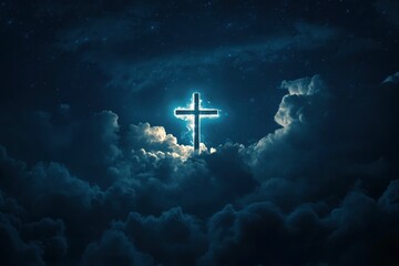 Concept of christian religion shining cross on the background of cloudy night sky. Dark sky with cross and cloud. Divine shining heaven, light. Religious background , ai