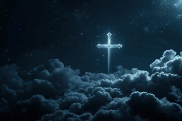 Concept of christian religion shining cross on the background of cloudy night sky. Dark sky with cross and cloud. Divine shining heaven, light. Religious background , ai