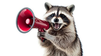 Sticker - A raccoon is holding a megaphone and saying something. Isolated on white background