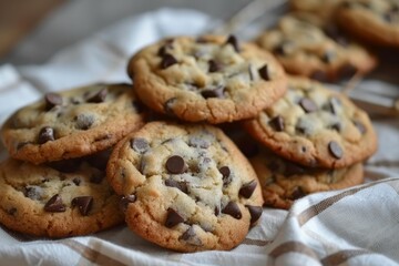 Poster - Freshly baked chocolate chip cookies cooling on a rustic kitchen cloth