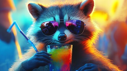 Wall Mural - An inventive and imaginative representation of a raccoon wearing shades, produced by the AI platform, perfectly encapsulating the spirit of summer while sipping a colorful drink