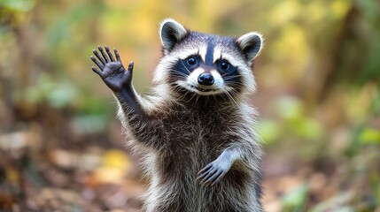 Poster - A curious raccoon stands on its hind legs, with one paw raised inquisitively, showcasing its adorable snout 