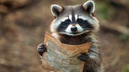 Poster - A raccoon is holding a map and looking at the camera. 