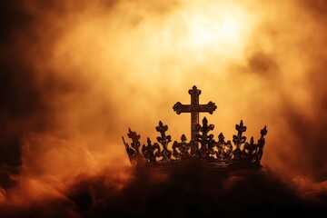 Crown of throns and Silhouette Jesus cross.Crucifixion Of Jesus Christ.Jesus with Cross concept for faith religion, christian worship, Easter, Redeemer.The Feast of Corpus Christi Concept , ai