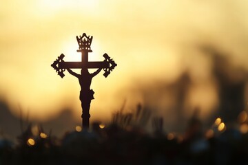 Crown of throns and Silhouette Jesus cross.Crucifixion Of Jesus Christ.Jesus with Cross concept for faith religion, christian worship, Easter, Redeemer.The Feast of Corpus Christi Concept , ai