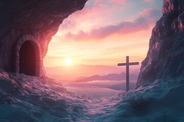 Poster - Empty Tomb With Crucifixion At Sunrise - Resurrection Concept , ai