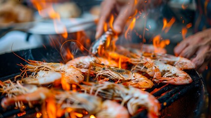 Wall Mural - Closeup of fresh shrimp grilling on a hot grill with flames and smoke.