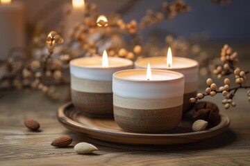 Canvas Print - Three lit candles on a wooden backdrop, surrounded by natural decor elements and warm light