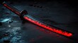 © LesaMurina Coll - A glowing red katana blade on a dark surface, illuminated by a warm light source.