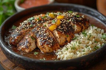 Wall Mural - grilled chicken topped with mole poblano sauce served with rice and a side of pickled onions and fresh cilantro