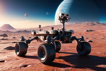 Wall Mural - 3D Illustration of a Rover Exploring Titan Surface Stunning Graphic Futuristic Mission in Solar System