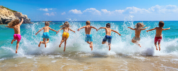 Group of children jumping waves on sunny beach