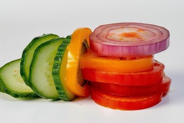 Poster - Fresh cucumber, bell pepper, tomato, and red onion slices stacked, isolated on white