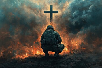 Wall Mural - Powerful faith! Christian soldier kneels in prayer, cross looming in the backdrop. Embrace divine strength with this captivating digital painting , ai