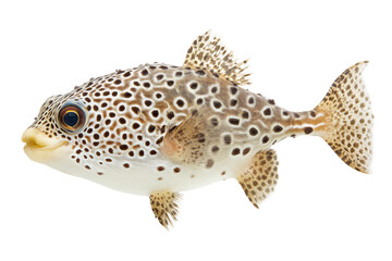 A vibrant puffer fish with intricate patterns swimming gracefully against a clean white background.