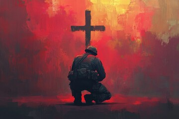 Powerful faith! Christian soldier kneels in prayer, cross looming in the backdrop. Embrace divine strength with this captivating digital painting , ai