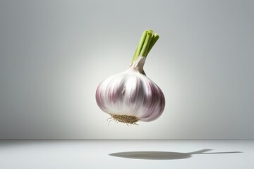 Vibrant Organic Garlic Clove Floating on Bright White Background