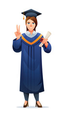 Wall Mural - Female graduate holding diploma and making peace sign in academic cap and gown. Vector cartoon illustration