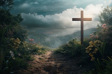 Religious representation with cross and nature landscape background , ai