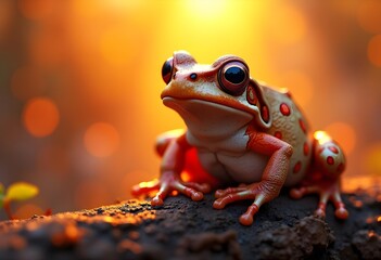 Wall Mural - Tree frog on blurred colorful background, warm bright sunlight