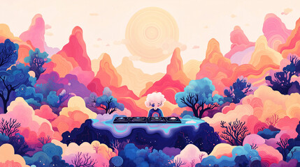 Wall Mural - A surreal illustration of an abstract character deejaying in a desert with vibrant colors and intricate details, blending elements from various artistic styles such as digital art, graffiti,