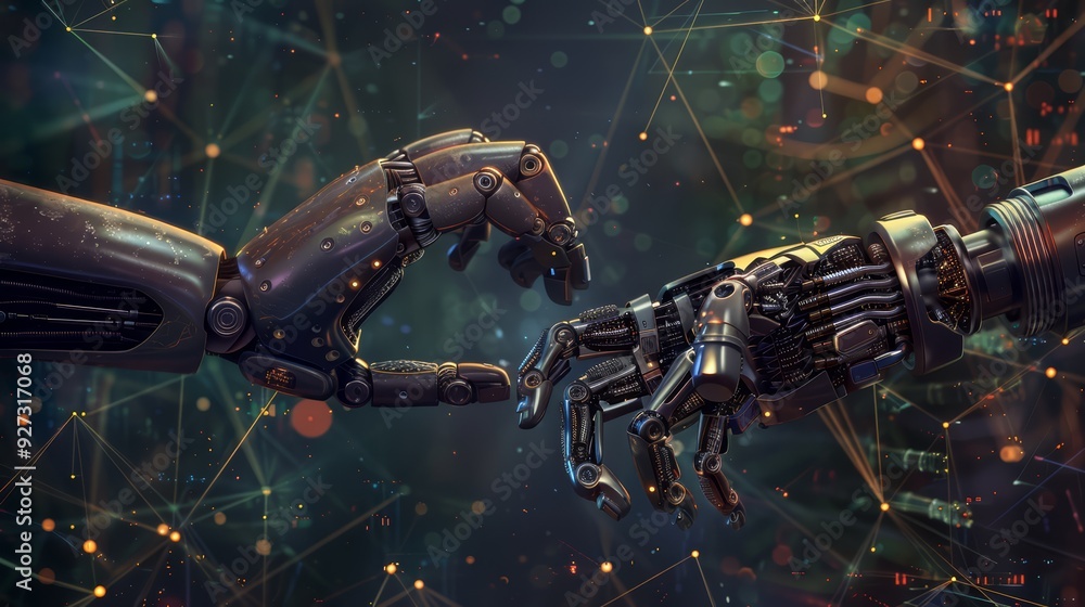 Two metallic robotic hands reaching towards each other in a futuristic ...