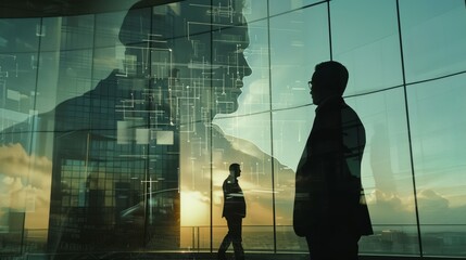 Two Businessmen in Silhouettes with Abstract Patterns on a Glass Wall.