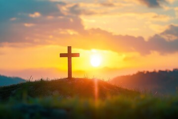 Serene Sunrise Behind Cross on Hill, Spiritual Awakening Concept , ai