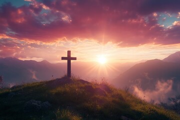 Serene Sunrise Behind Cross on Hill, Spiritual Awakening Concept , ai