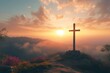 © Dzikrul Husnani - Serene Sunrise Behind Cross on Hill, Spiritual Awakening Concept , ai