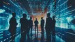 © hamzahalderad - Silhouettes of businessmen standing in a futuristic server room, looking at data.