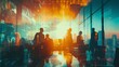 © hamzahalderad - Silhouettes of businesspeople in a modern office with a city view and glowing data.