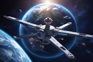 Wall Mural - High Quality 3D Illustration of Futuristic Space Station Orbiting Earth Digital Space Art