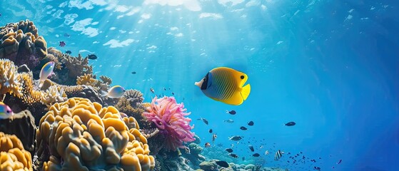 Wall Mural - Vibrant tropical fish swimming over colorful coral reef.