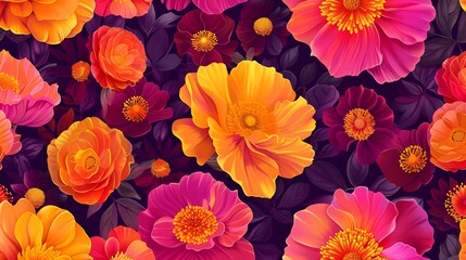 Wall Mural - A bold and colorful flower illustration pattern featuring abstract blooms in shades of orange, pink, and yellow, set against a deep purple background. 8k UHD, suitable for high-quality printing 