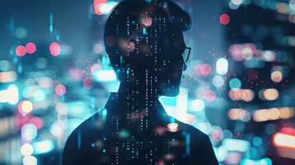 Silhouette of a person with digital code and city lights in the background.