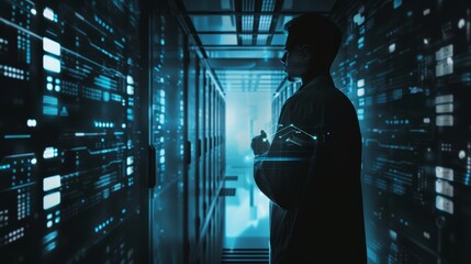 Silhouette of a man in a data center with glowing blue digital interfaces,  representing innovation and technological advancement.