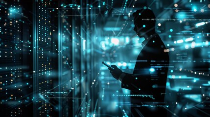 Silhouette of a man in a server room with blue glowing lights and network connections.