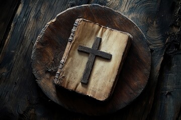 Wall Mural - The Cross with old Bible lay on wooden plate, christian concept , ai