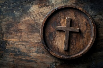 Wall Mural - The Cross with old Bible lay on wooden plate, christian concept , ai